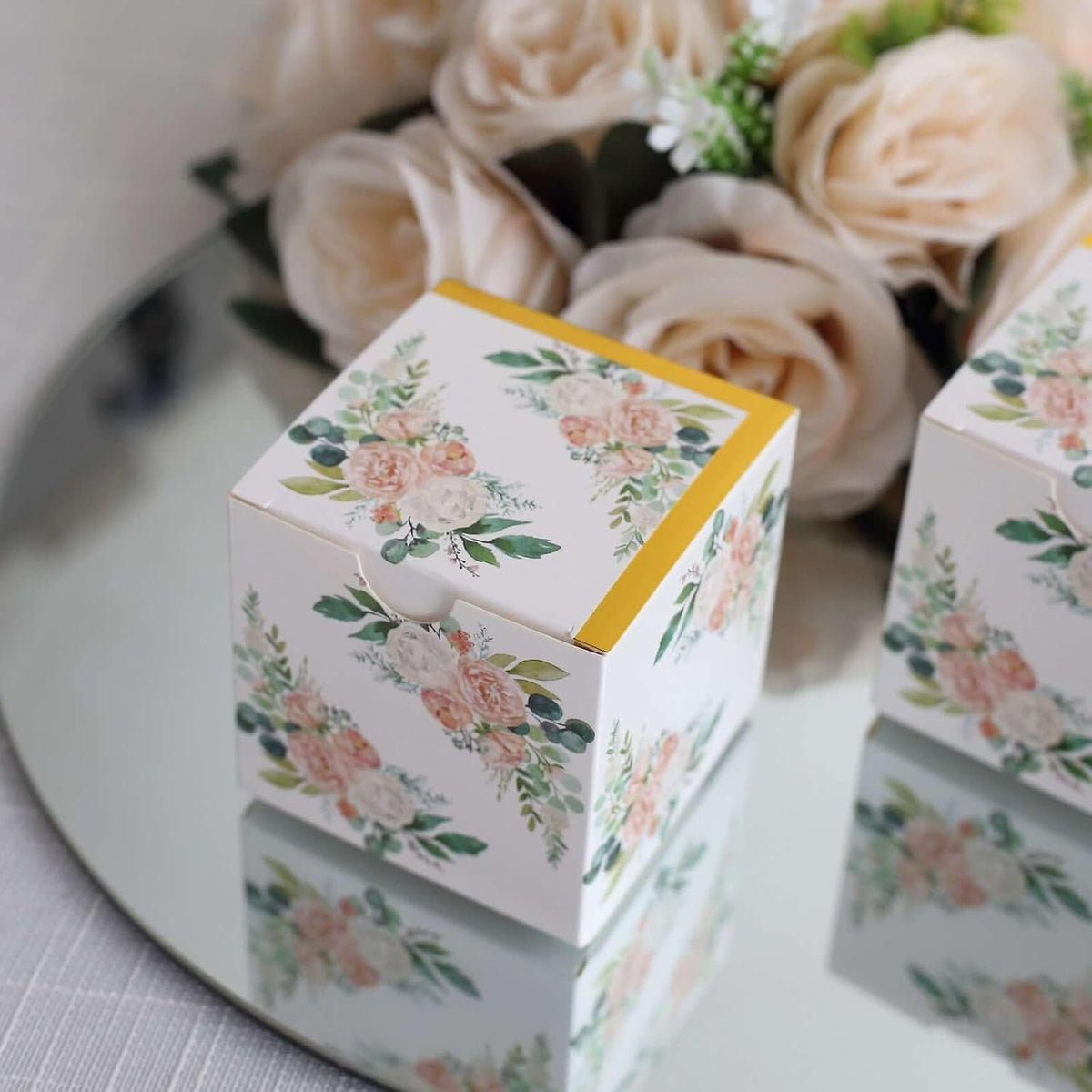 Efavormart 25 Pack White Pink Peony Flowers Print Paper Gift Boxes with Gold Edge, Cardstock Party Shower Candy Favor Boxes - 3"x3"x3"