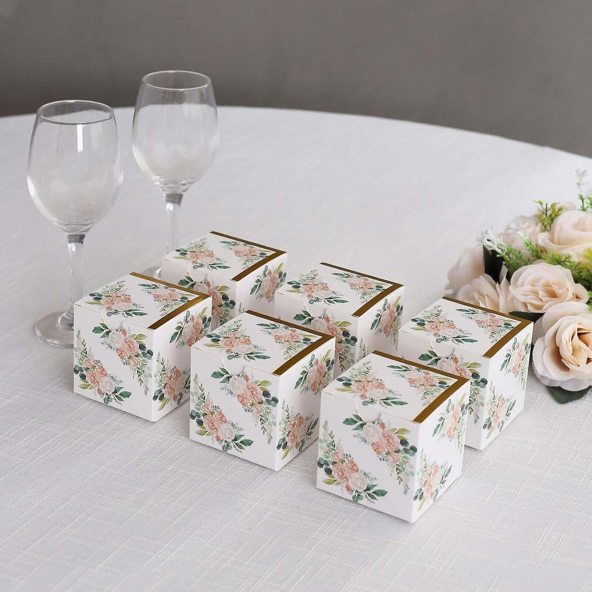 Efavormart 25 Pack White Pink Peony Flowers Print Paper Gift Boxes with Gold Edge, Cardstock Party Shower Candy Favor Boxes - 3"x3"x3"