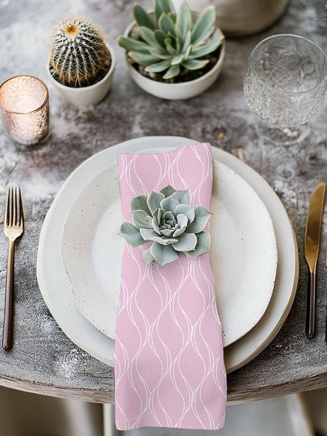 Pink Stripes Line Cloth Napkins Set of 6, Country Abstract Art Waves Striped Classic Reusable Dinner Napkins Cloth Washable Dinner Towel for Wedding Party Kitchen Table Decoration, 20x20 Inch