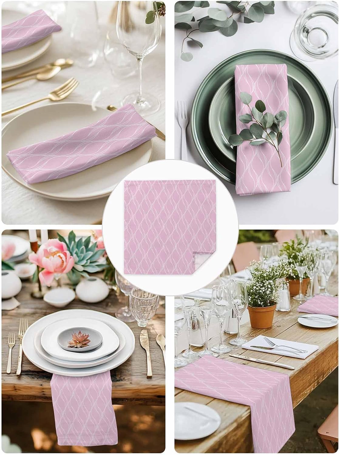 Pink Stripes Line Cloth Napkins Set of 6, Country Abstract Art Waves Striped Classic Reusable Dinner Napkins Cloth Washable Dinner Towel for Wedding Party Kitchen Table Decoration, 20x20 Inch