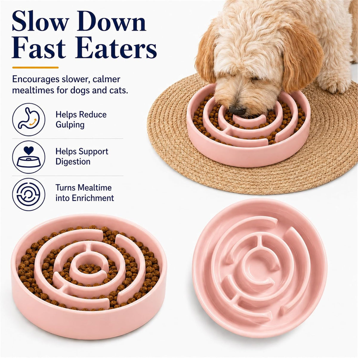 Ceramic Slow Feeder Dog Bowl 1.5 Cup Puzzle Dish for Small Medium Dogs