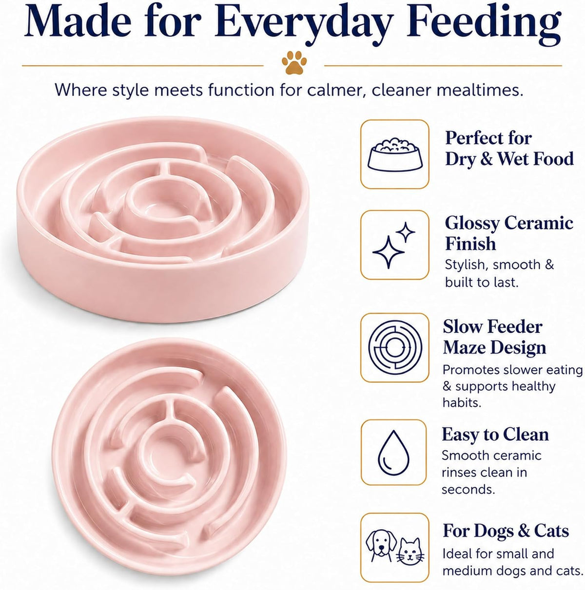 Ceramic Slow Feeder Dog Bowl 1.5 Cup Puzzle Dish for Small Medium Dogs