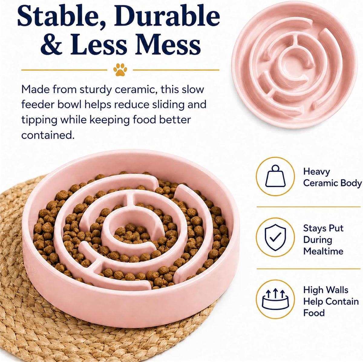 Ceramic Slow Feeder Dog Bowl 1.5 Cup Puzzle Dish for Small Medium Dogs