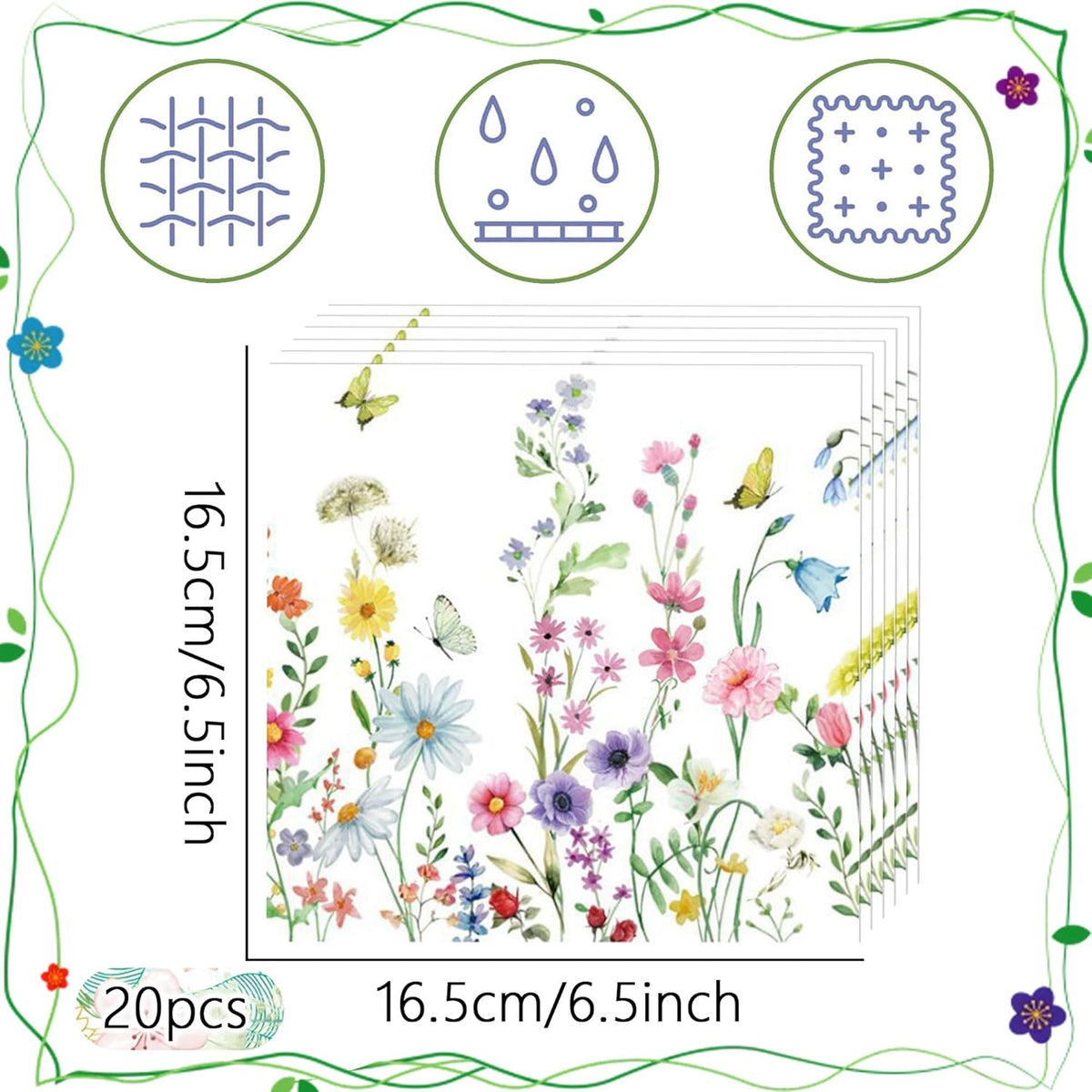 Flower Butterfly Napkins Tea Party Napkins Wildflower Party Decorations for Party Wedding Baby Shower Bridal Shower