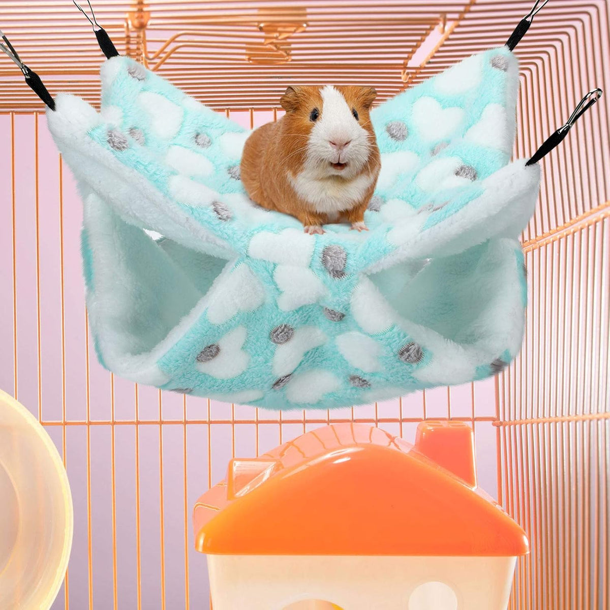 Boao 2 Pcs Guinea Pig Rat Hammock Guinea Pig Hamster Ferret Hanging Hammock Accessories for Small Animals Chinchilla Parrot Sugar Glider Ferret Squirrel (Mint Green, Pink, Heart Pattern)