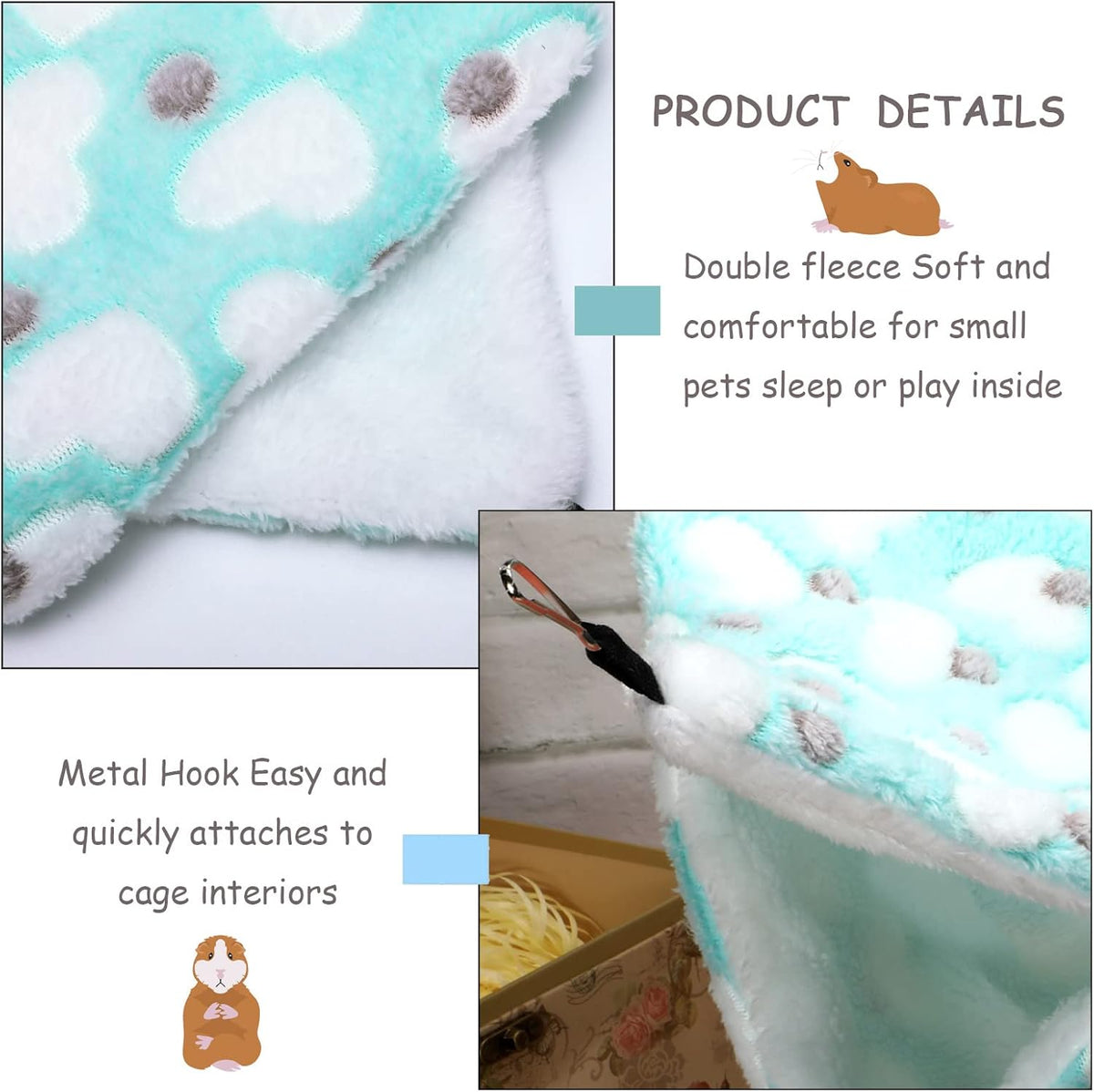 Boao 2 Pcs Guinea Pig Rat Hammock Guinea Pig Hamster Ferret Hanging Hammock Accessories for Small Animals Chinchilla Parrot Sugar Glider Ferret Squirrel (Mint Green, Pink, Heart Pattern)