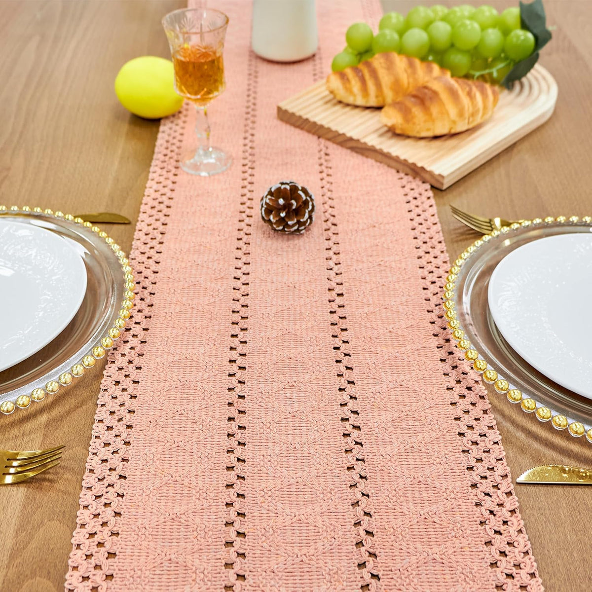 Summer Pink Table Runner Boho Macrame Dresser Runner Home Coffee Table Decor Farmhouse Style with Tassels for Dining Bedroom Living Room Decor Rustic Bridal Shower (12x90 Inches)