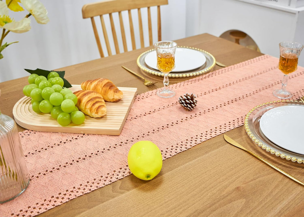 Summer Pink Table Runner Boho Macrame Dresser Runner Home Coffee Table Decor Farmhouse Style with Tassels for Dining Bedroom Living Room Decor Rustic Bridal Shower (12x90 Inches)