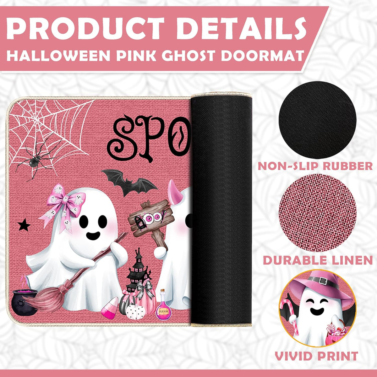 Pink Halloween Ghost Doormat, Non-Slip Entryway Door Mat, 17x29 Inch