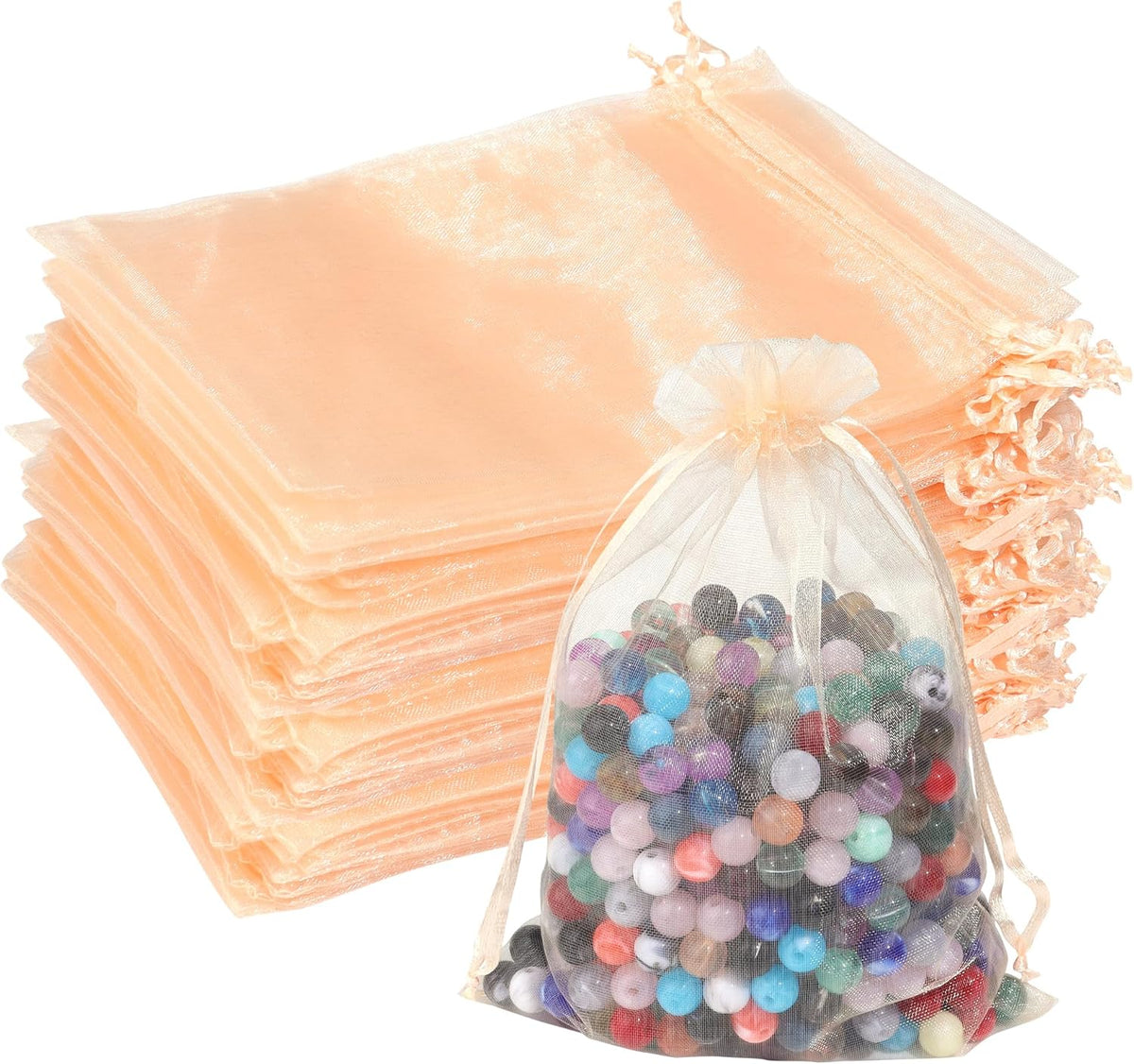 100Pcs Peach Organza Bags,5x7 Inch Small Mesh Drawstring Bags