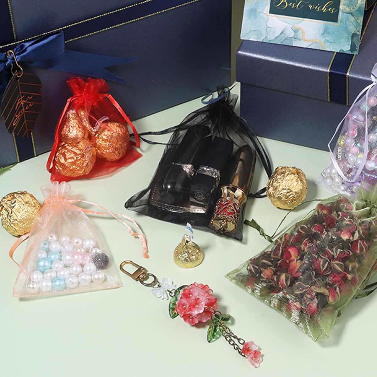 100Pcs Peach Organza Bags,5x7 Inch Small Mesh Drawstring Bags