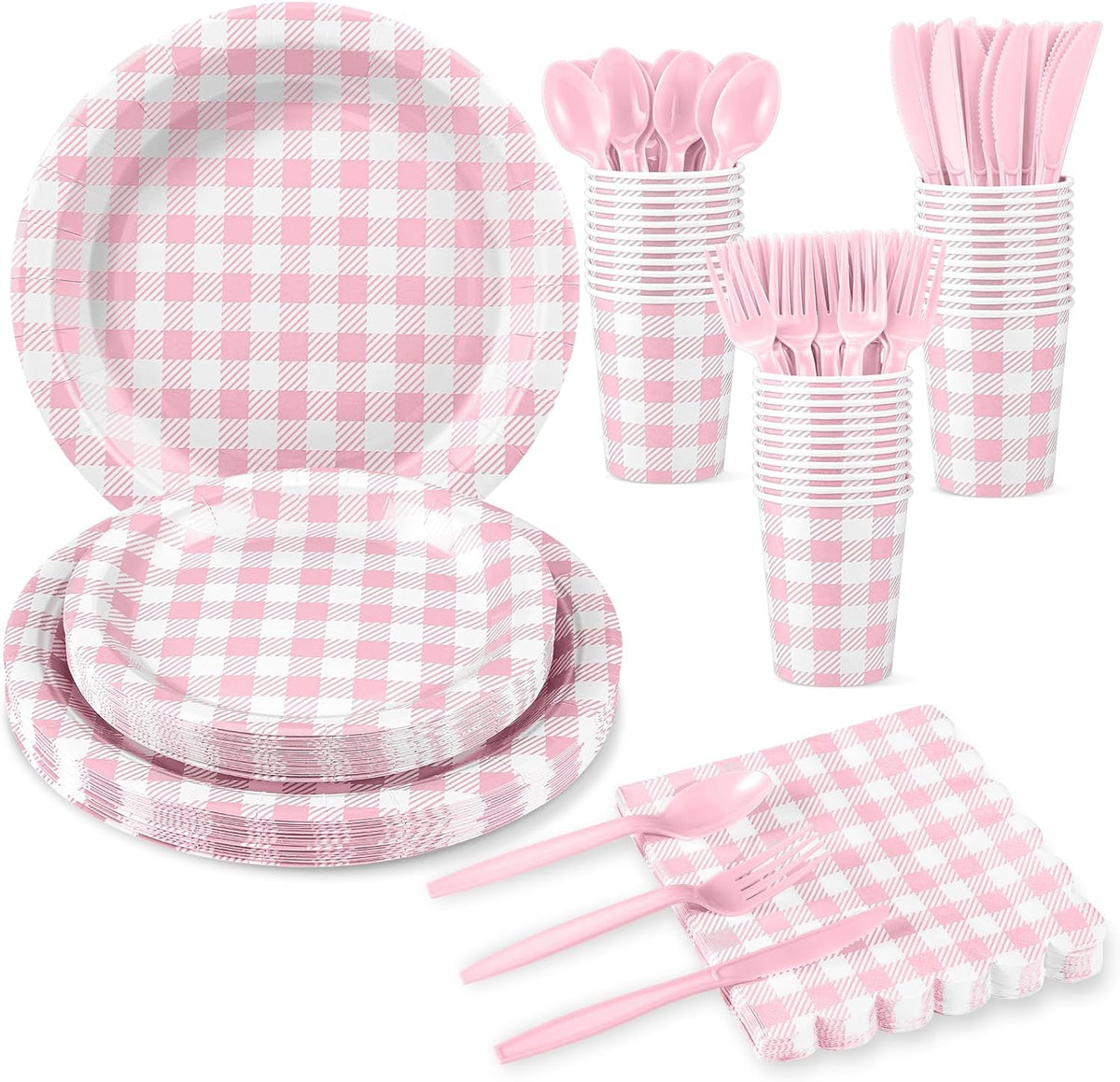 175 Pcs Pink Gingham Party Supplies Include Pink Gingham Plates and Napkins Cups Disposable Checkered Dinnerware Set for Picnic, Baby Bridal Shower, Wedding Decorations