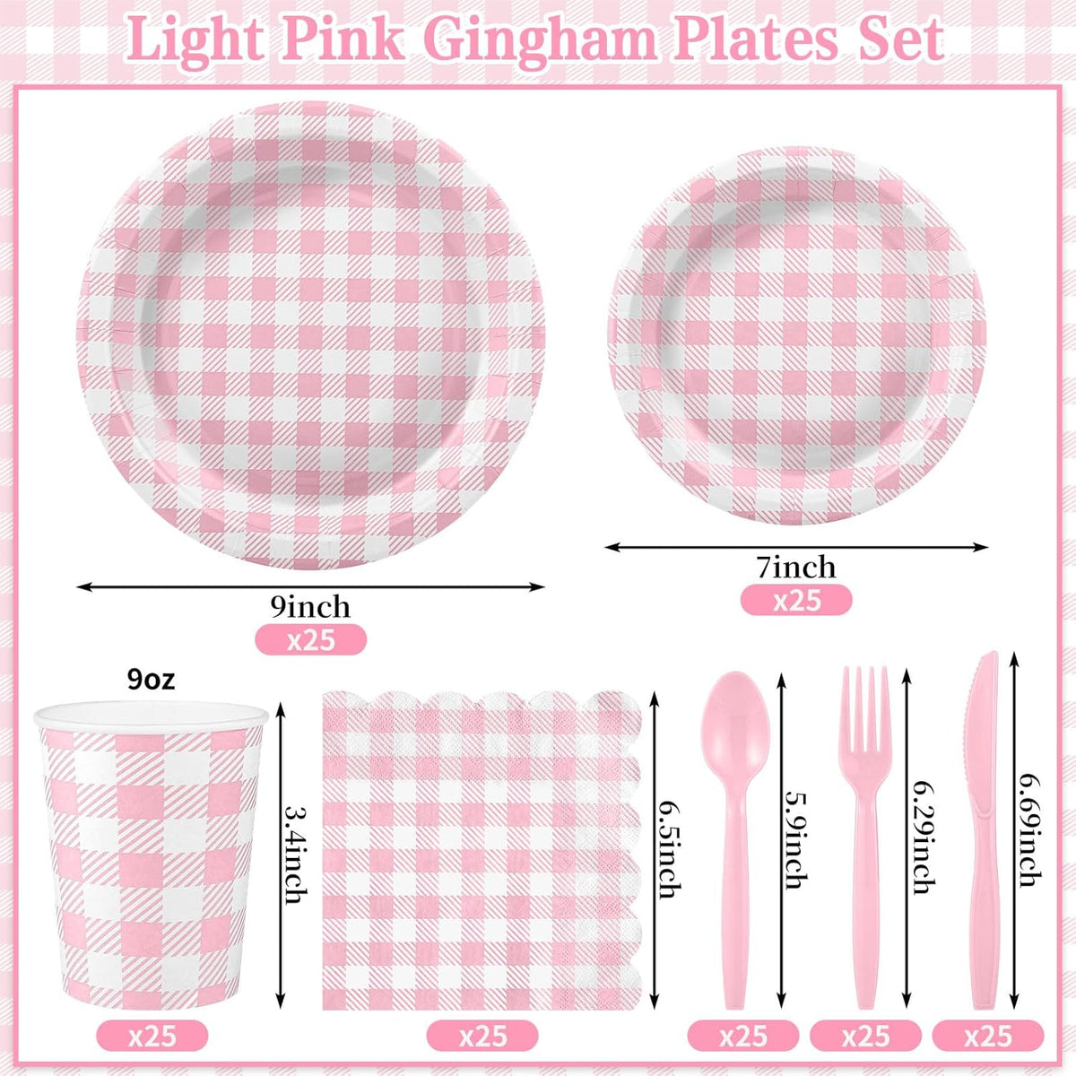 175 Pcs Pink Gingham Party Supplies Include Pink Gingham Plates and Napkins Cups Disposable Checkered Dinnerware Set for Picnic, Baby Bridal Shower, Wedding Decorations