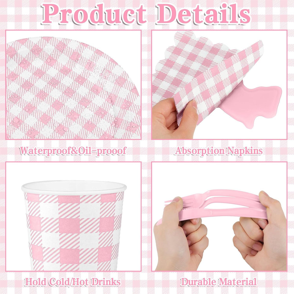 175 Pcs Pink Gingham Party Supplies Include Pink Gingham Plates and Napkins Cups Disposable Checkered Dinnerware Set for Picnic, Baby Bridal Shower, Wedding Decorations