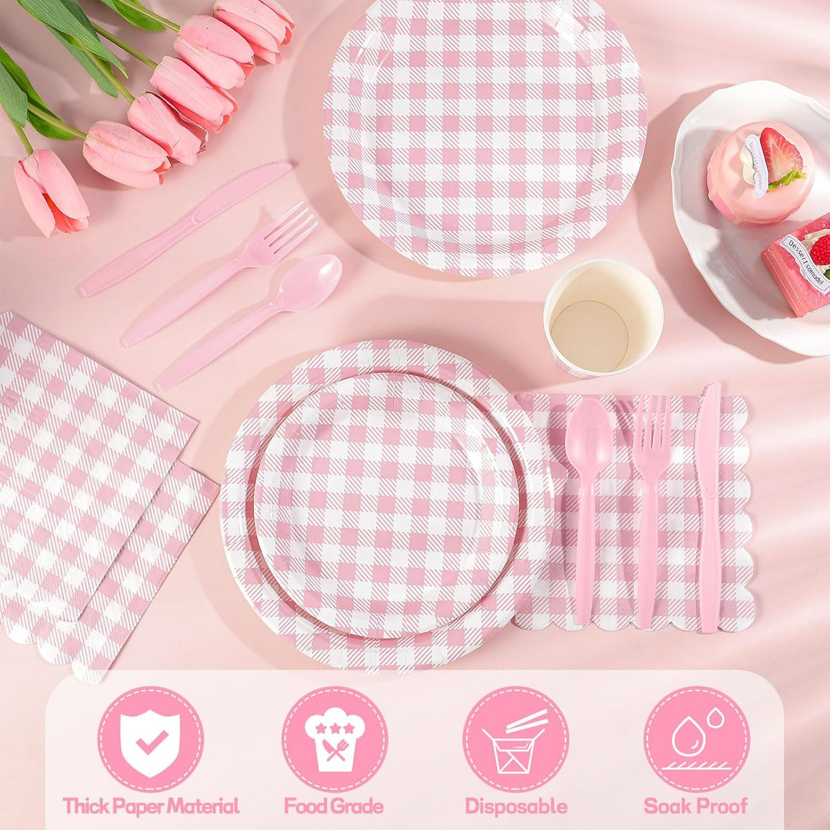 175 Pcs Pink Gingham Party Supplies Include Pink Gingham Plates and Napkins Cups Disposable Checkered Dinnerware Set for Picnic, Baby Bridal Shower, Wedding Decorations