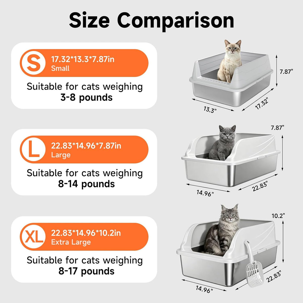Stainless Steel Cat Litter Box for Small Cats, Odor Free Metal Litter Box with High Sides Lid, Open Top Low Entry Litter Pan Include Scoop Easy Cleaning Kitty Cat Box Anti-Urine Leakage, Non-Sticky
