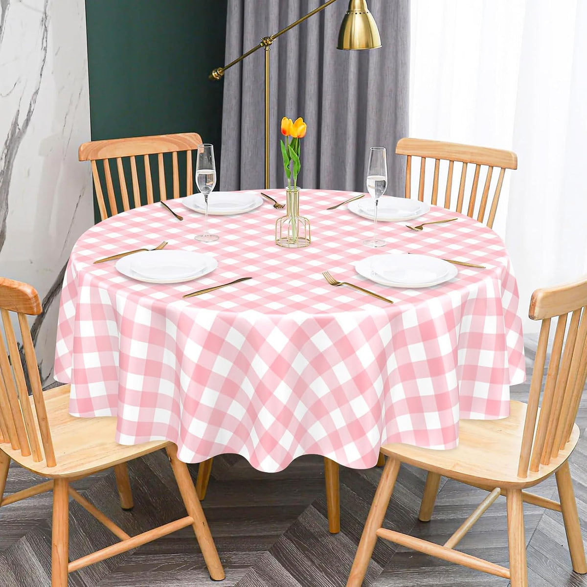 2 Pcs Pink Gingham Round Plastic Tablecloth Disposable, 84 inch