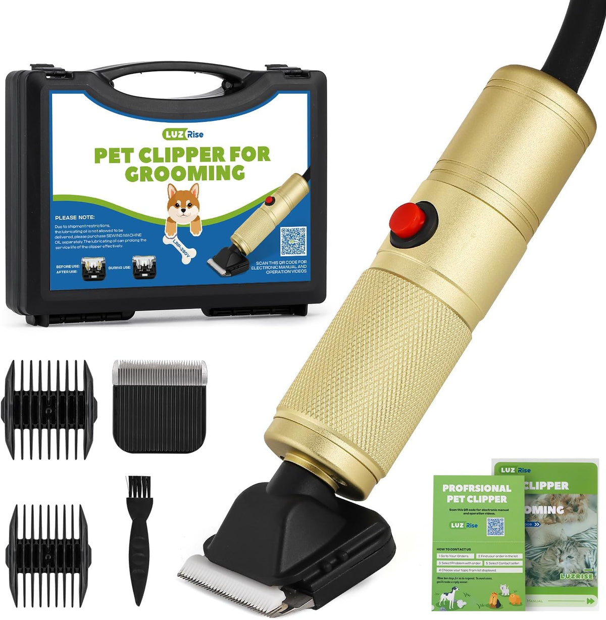 Pet Grooming Clippers 280W for Thick Heavy Coats, 2000-6000rpm Stepless Speed Control & 10ft Power Cord, Low Noise< 50db, Dog Trimmer Kit with Extra Detachable Blade (280W)