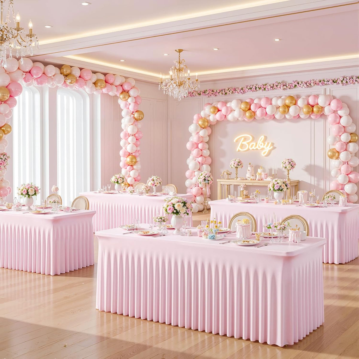6ft Pink Spandex Tablecloths for Rectangle Tables Wrinkle Free Pink Table Cloth Rectangle Stretch Fitted Table Cover with Skirt for Baby Shower Girl Birthday Party Wedding Banquet Buffet Event