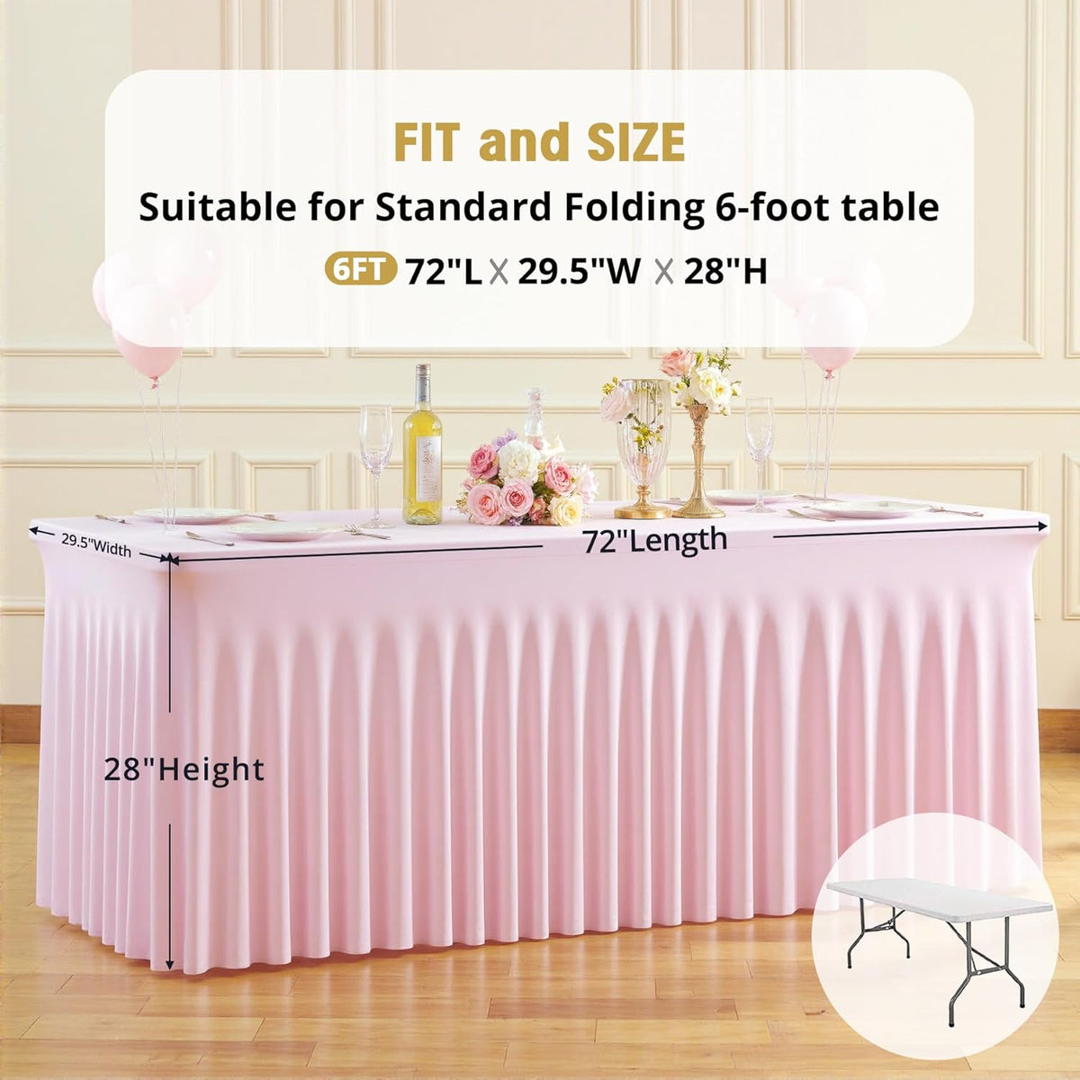 6ft Pink Spandex Tablecloths for Rectangle Tables Wrinkle Free Pink Table Cloth Rectangle Stretch Fitted Table Cover with Skirt for Baby Shower Girl Birthday Party Wedding Banquet Buffet Event