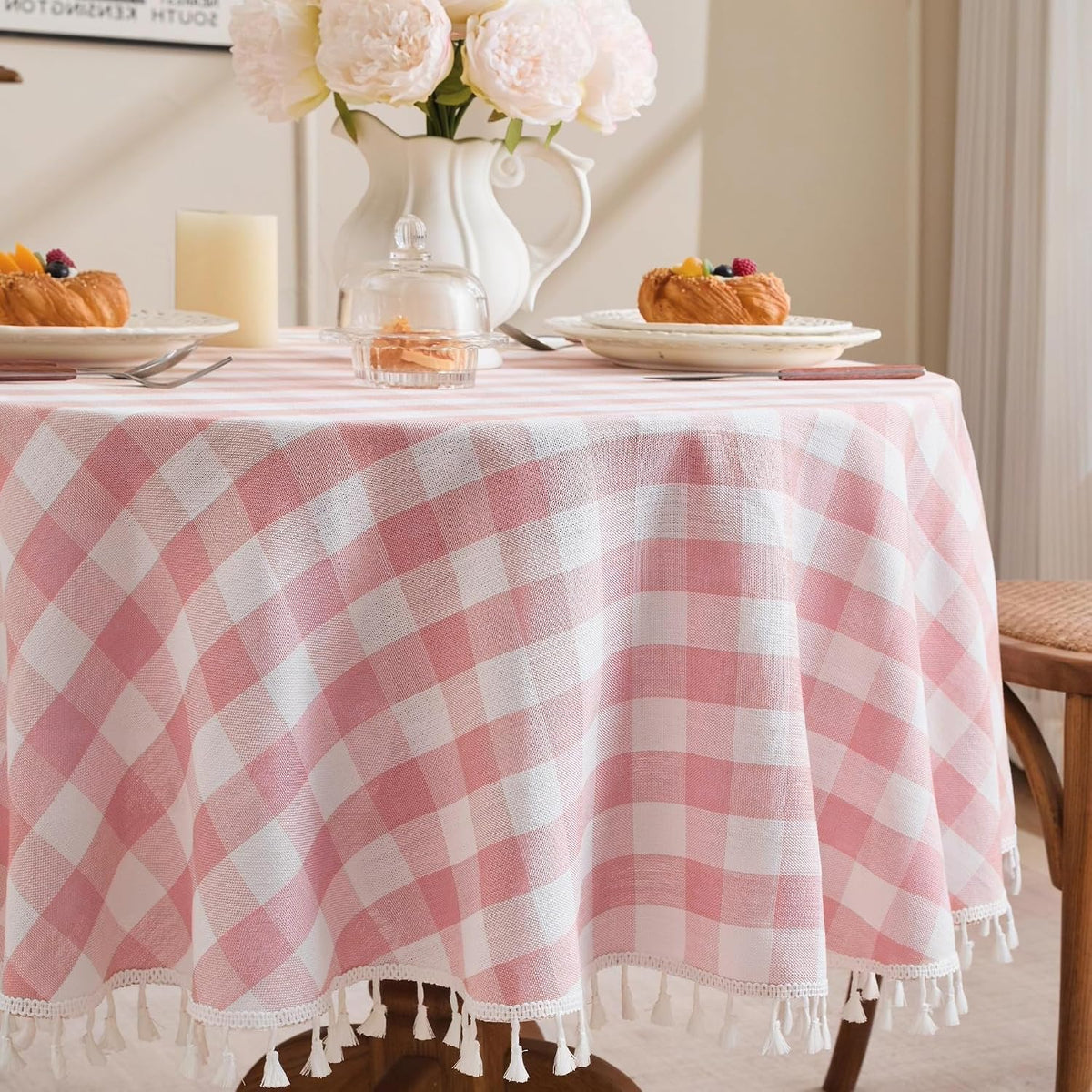 Gingham Round 60" Tablecloth Rectangle Cotton Linen Fabric Checkered Table Cloth with Tassel Washable Wrinkle Free Buffalo Plaid Table Cover for Birthday Party Picnic Outdoor, Pink