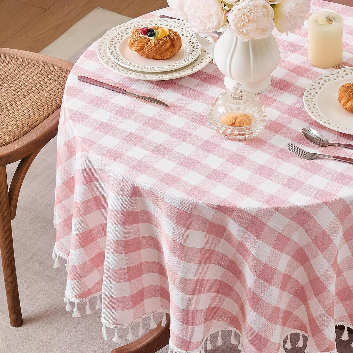 Gingham Round 60" Tablecloth Rectangle Cotton Linen Fabric Checkered Table Cloth with Tassel Washable Wrinkle Free Buffalo Plaid Table Cover for Birthday Party Picnic Outdoor, Pink