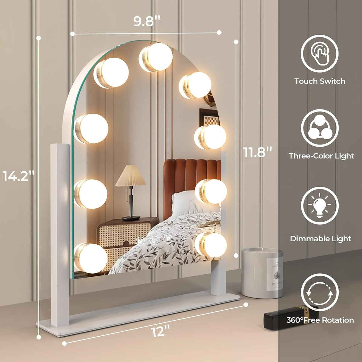 Makeup Mirror with Lights, Vanity Mirror with Lights, Lighted Makeup Mirror, 3 Color Modes, Dimmable Light,360° Rotation