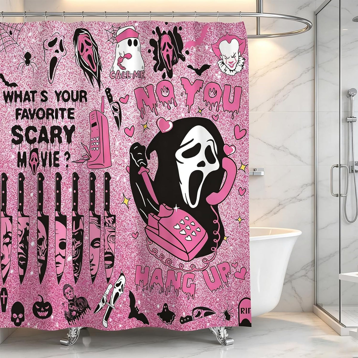 4Pcs Halloween Bathroom Decor, Gothic Pink Scary Shower Curtain Set,Halloween Rug,Halloween Shower Curtain