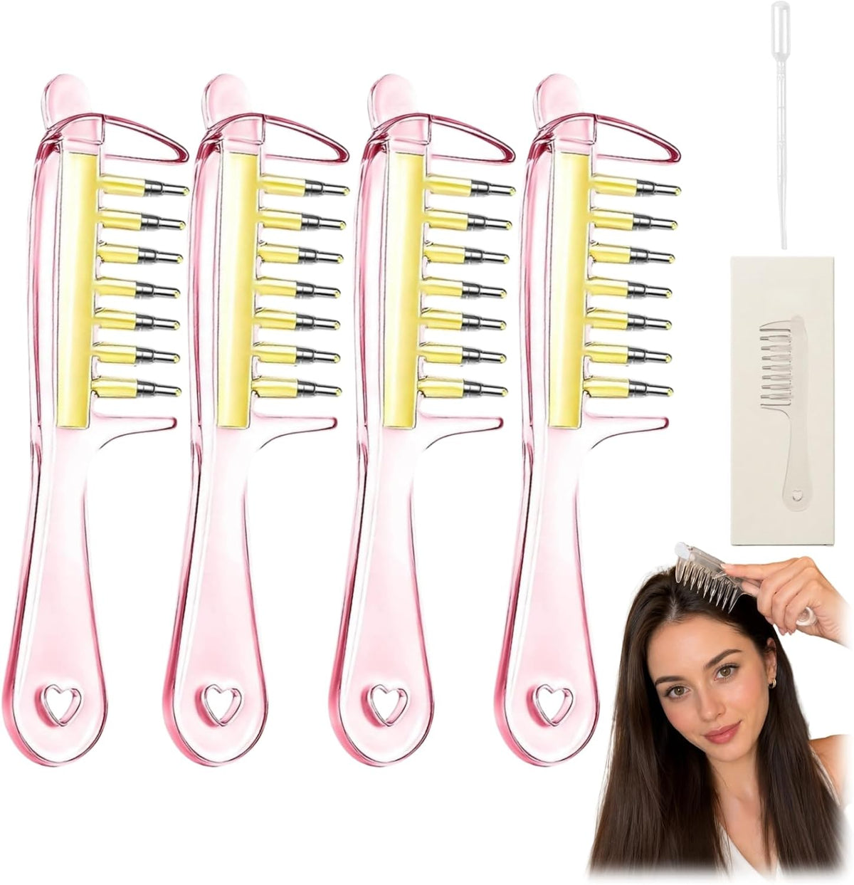 Refillable Scalp Oil Applicator Comb with 7 Metal Massage Tips，Pink-1PC