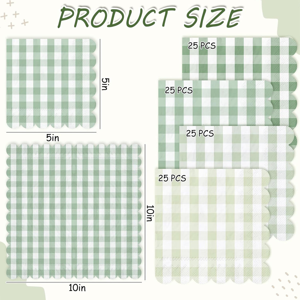 Whaline 100 Pcs Sage Green Gingham Cocktail Napkins 5 x 5 Inch Scalloped Plaid Beverage Napkin for Summer Picnic Barbecue Wedding Birthday Baby Bridal Shower Party Supplies