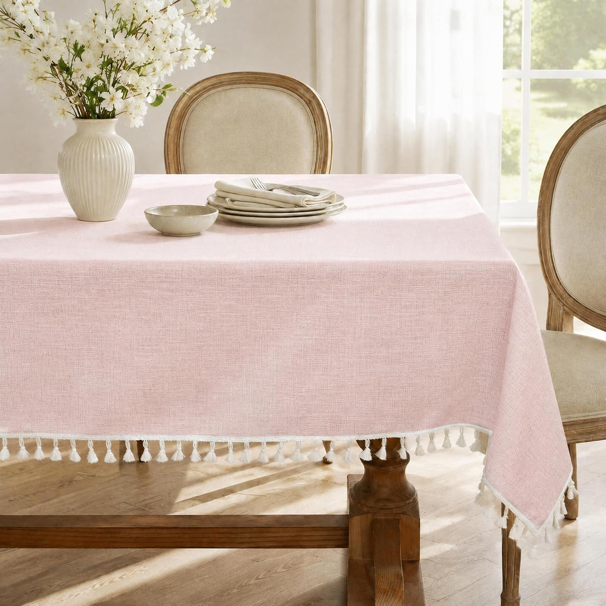 Light Pink Rectangle Tablecloth with Tassels 55x90 Inch