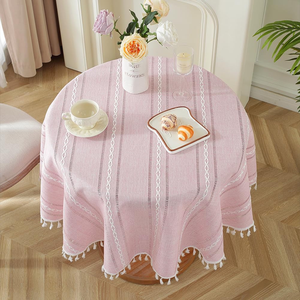 Pink Rustic Table Cloth, Round 55" Textured Cotton Linen Fabric Tablecloth with Tassel, Valentines Day Farmhouse Table Cover Embroidery Stripe Round Tablecloths for Kitchen Dinning Party