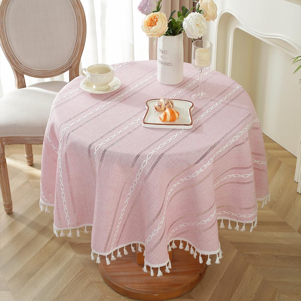 Pink Rustic Table Cloth, Round 55" Textured Cotton Linen Fabric Tablecloth with Tassel, Valentines Day Farmhouse Table Cover Embroidery Stripe Round Tablecloths for Kitchen Dinning Party