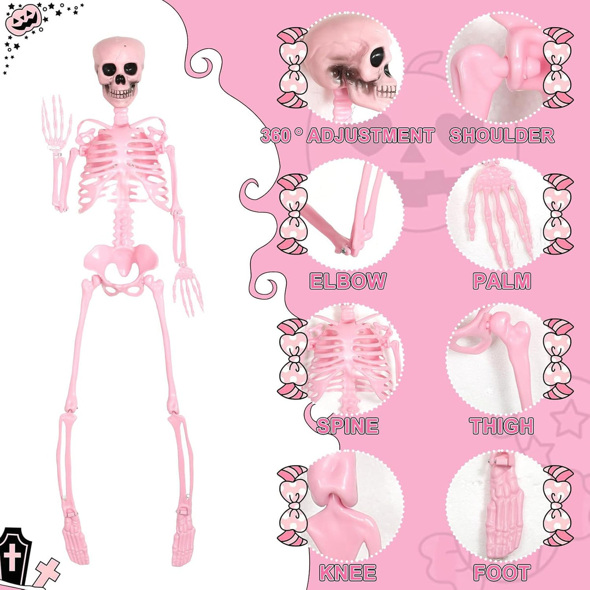 2 Pcs 40" Pink Skeleton Halloween Decoration LED Light up Posable