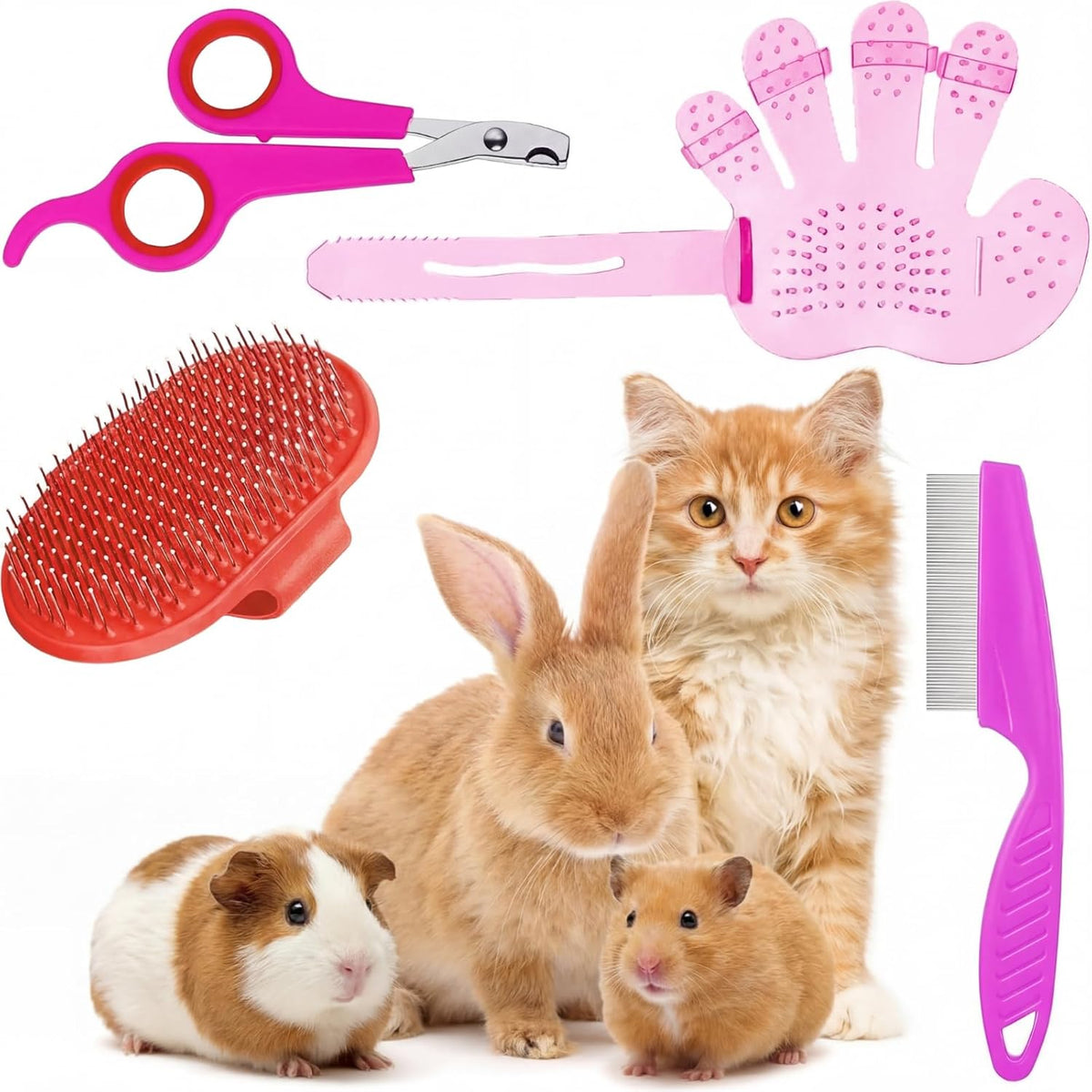 4 Pieces Bunny Grooming Kit Rabbit Nail Clipper Rabbit Brush Hair Remover Shampoo Brush with Adjustable Ring Handle for Rabbits Guinea Pig Hamsters Puppy Kitten Hamster Ferret(Pink, Red)