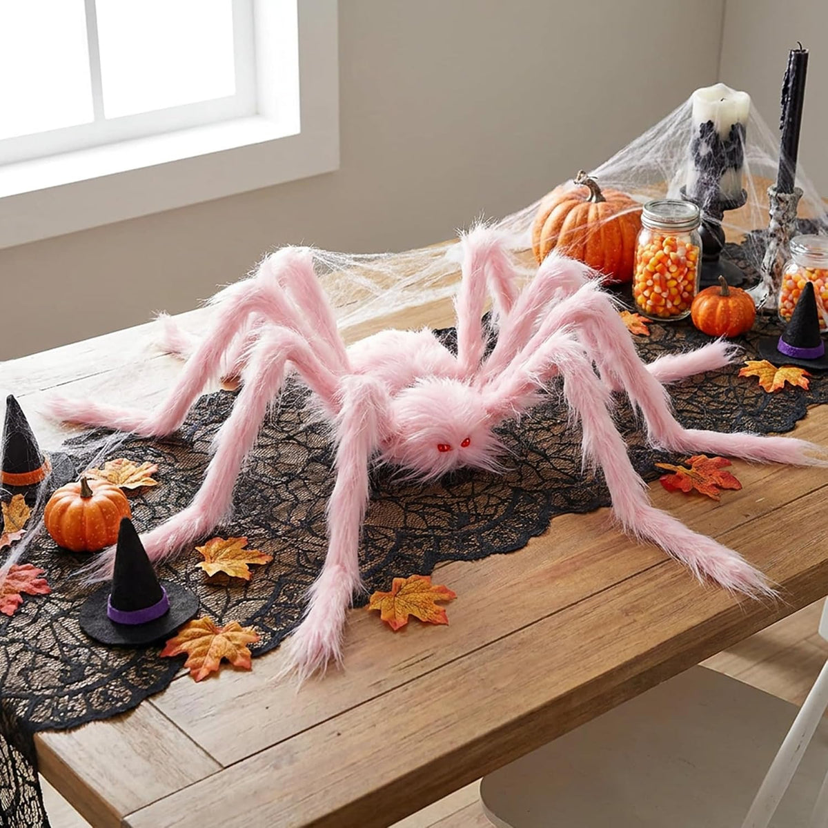 8 Pcs Halloween Pink Fuzzy Spider Decorations, Giant Pink Hairy Spider Set