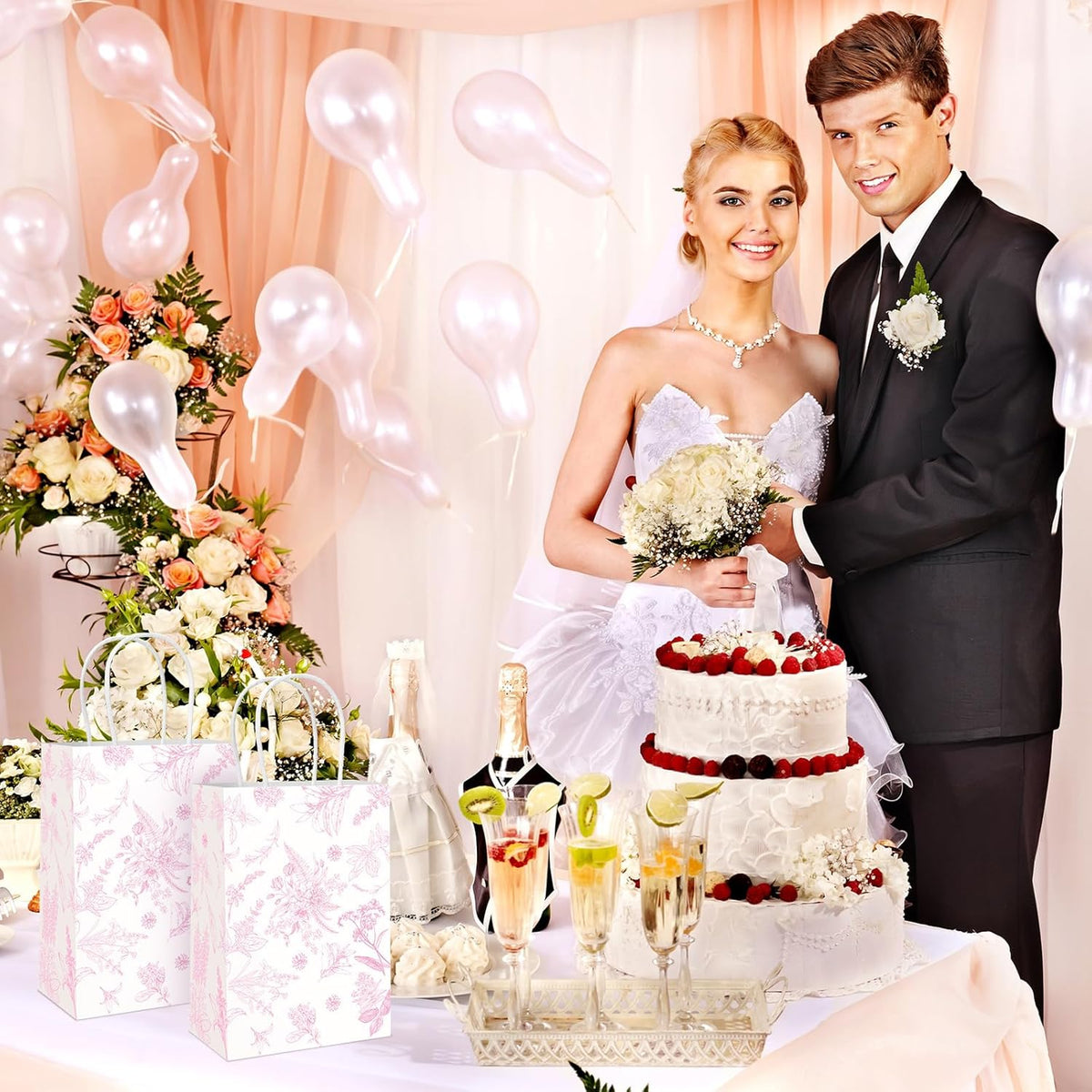 Gueevin 24 Pcs Pink Floral Gift Bags Bulk Flower Party Small Paper Bags with Handles Decorative Packaging Goodie Candy Treat Pouches for Wedding Birthday Tea Party, 5.9 x 8.3 x 3.1 Inch