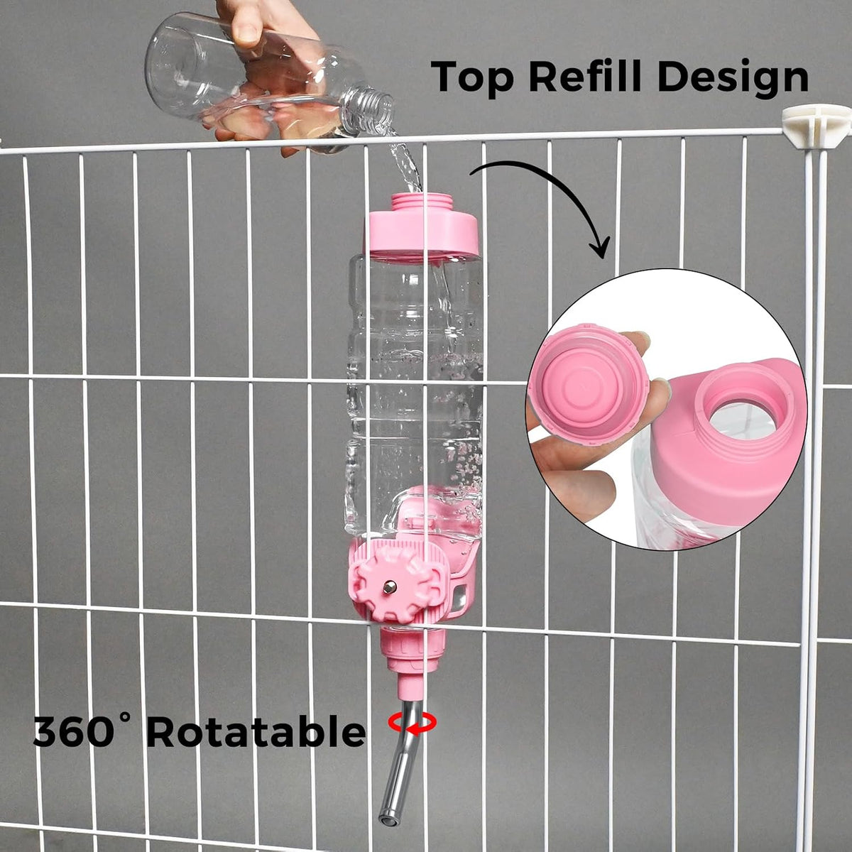 Vannon Dog Water Dispenser for Cage, 34oz Auto Feeding Crate Water Bottle for Dogs, Cats & Rabbits, Pet Nozzle Diameter: 12mm, BPA Free, Pink