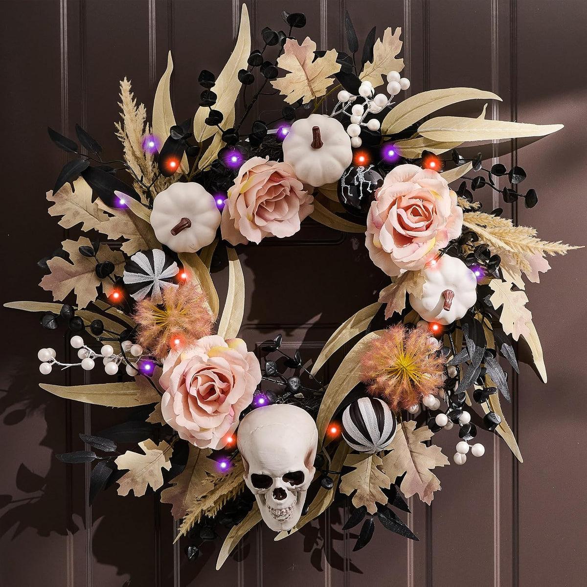 18" Halloween Wreath for Front Door Decor with Lights