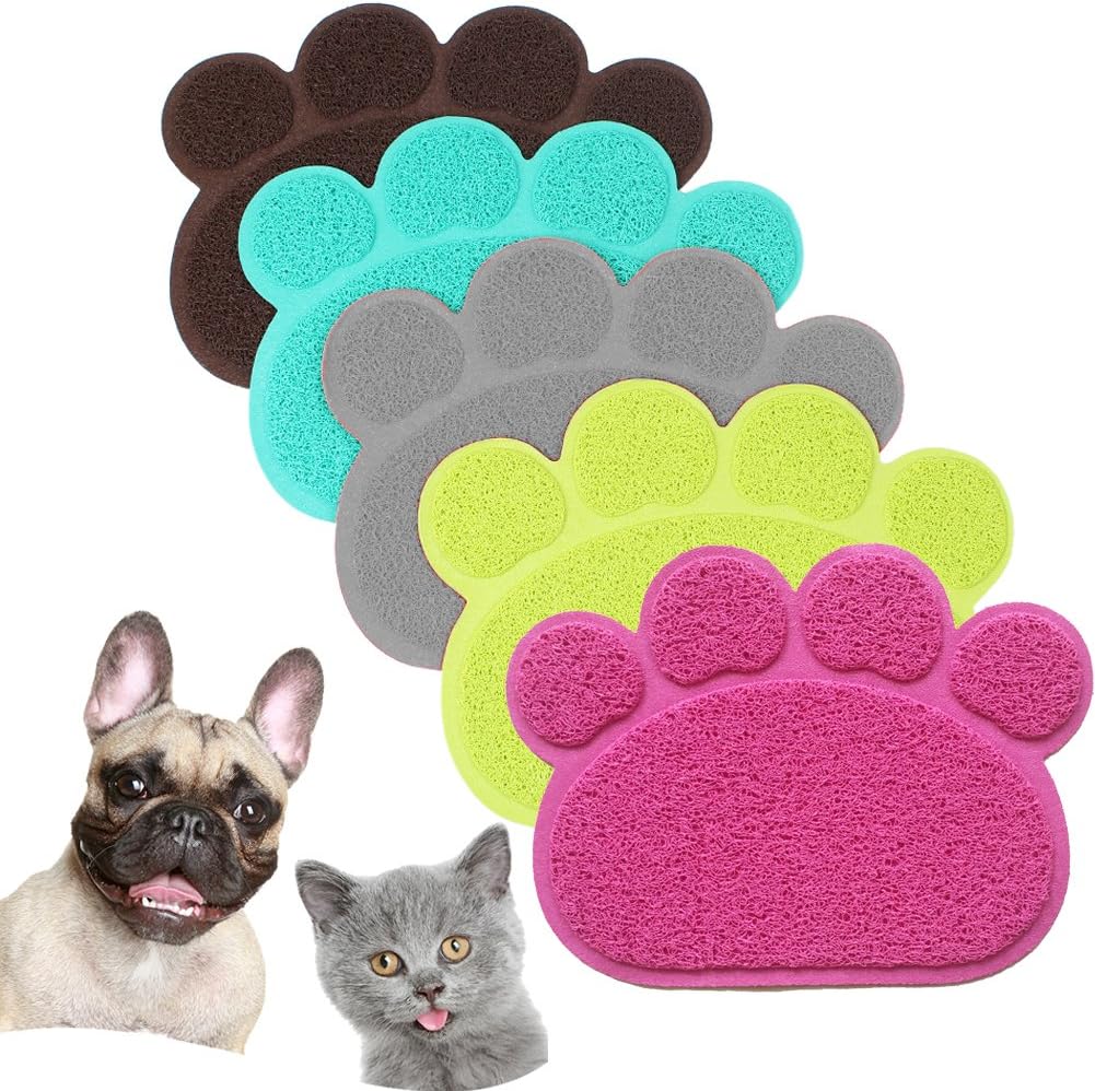 PVC Pet Dog Cat Puppy Kitten Dish Bowl Food Water Feeding Placemat, Non-Slip Cat Litter Mat Paw Shape, Rose Small