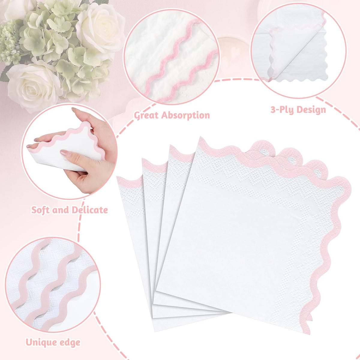 80 Pcs Pink and White Napkins, 3 Ply Scalloped Cocktail Napkins 5 x 5 Inch | Disposable Dessert Beverage Napkin Cute Dinner Napkin for Wedding, Baby Bridal Shower, Birthday