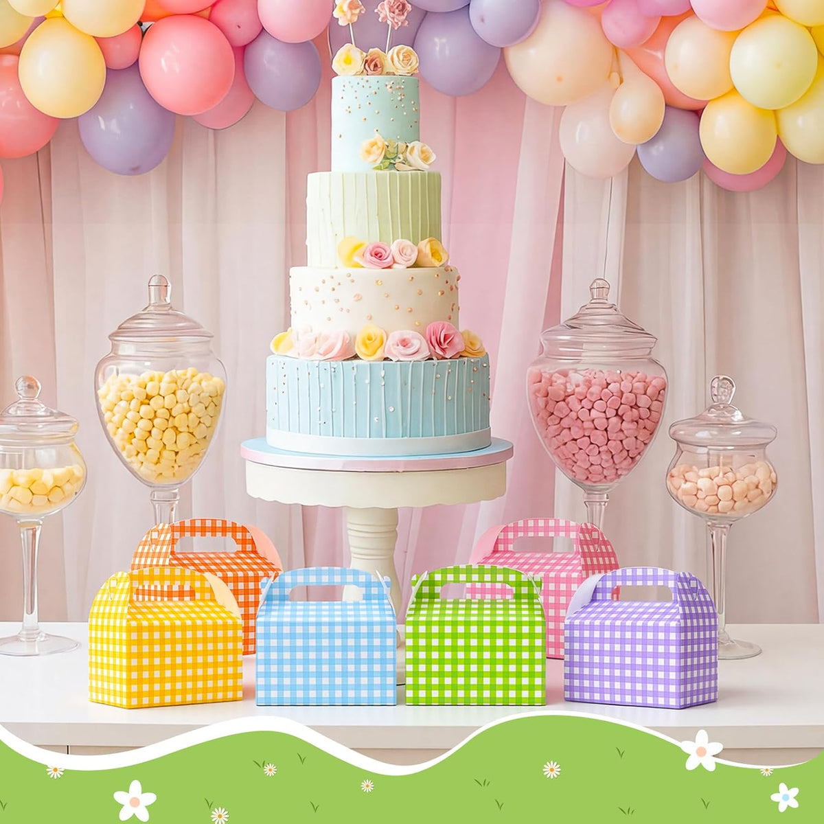 Lerheedi 24 Pcs Gingham Gift Gable Boxes, Pastel Plaid Party Favor Candy Treat Box, Colorful Goodie Bag for Birthday Back to School Wedding Spring Summer Easter Party, 6 x 3.7 x 3.7 Inch