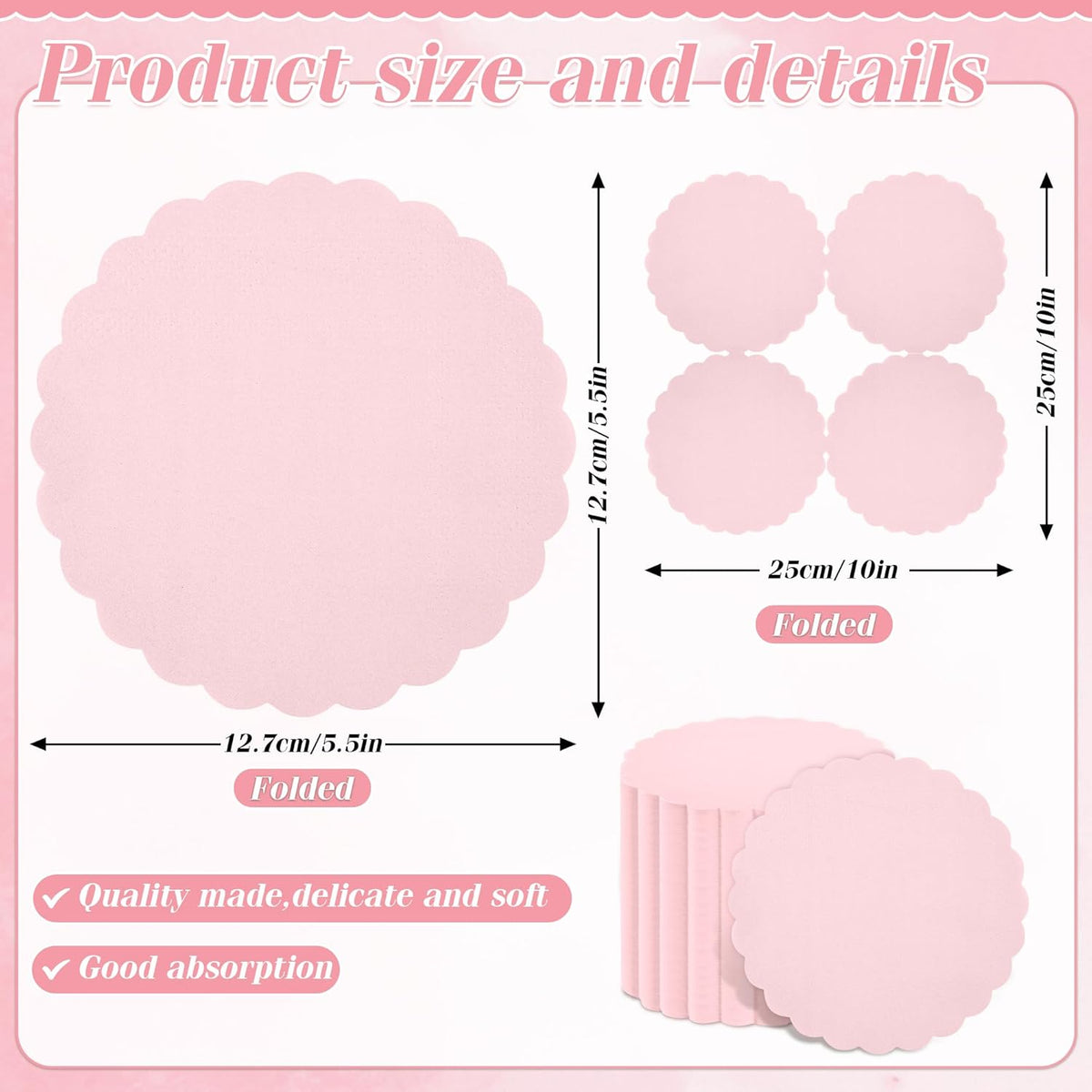 100 Pcs Cocktail Napkins Pink Scalloped Dessert Beverage Napkin Cute Flower Shaped Napkin for Wedding, Baby Shower, Tea Party