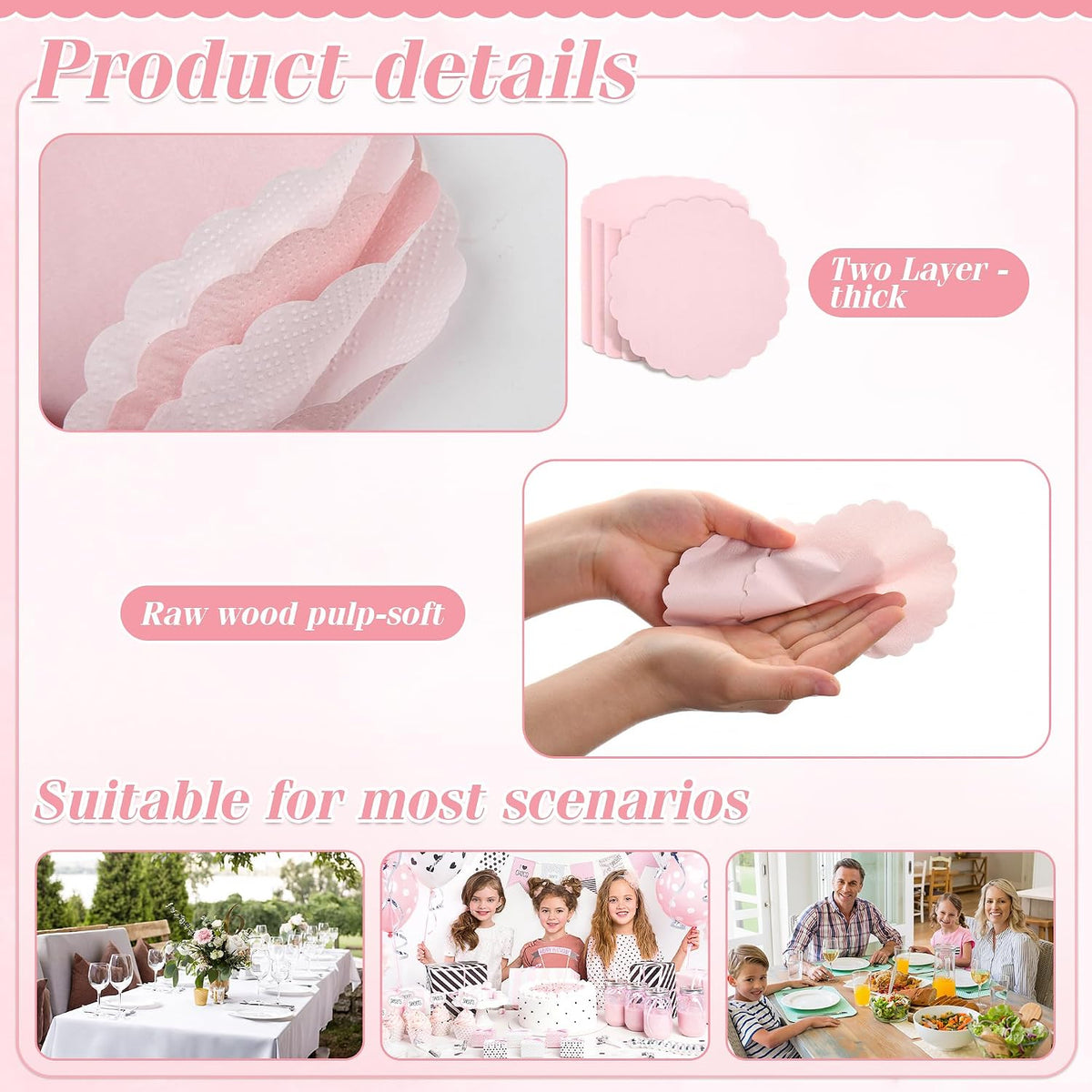 100 Pcs Cocktail Napkins Pink Scalloped Dessert Beverage Napkin Cute Flower Shaped Napkin for Wedding, Baby Shower, Tea Party