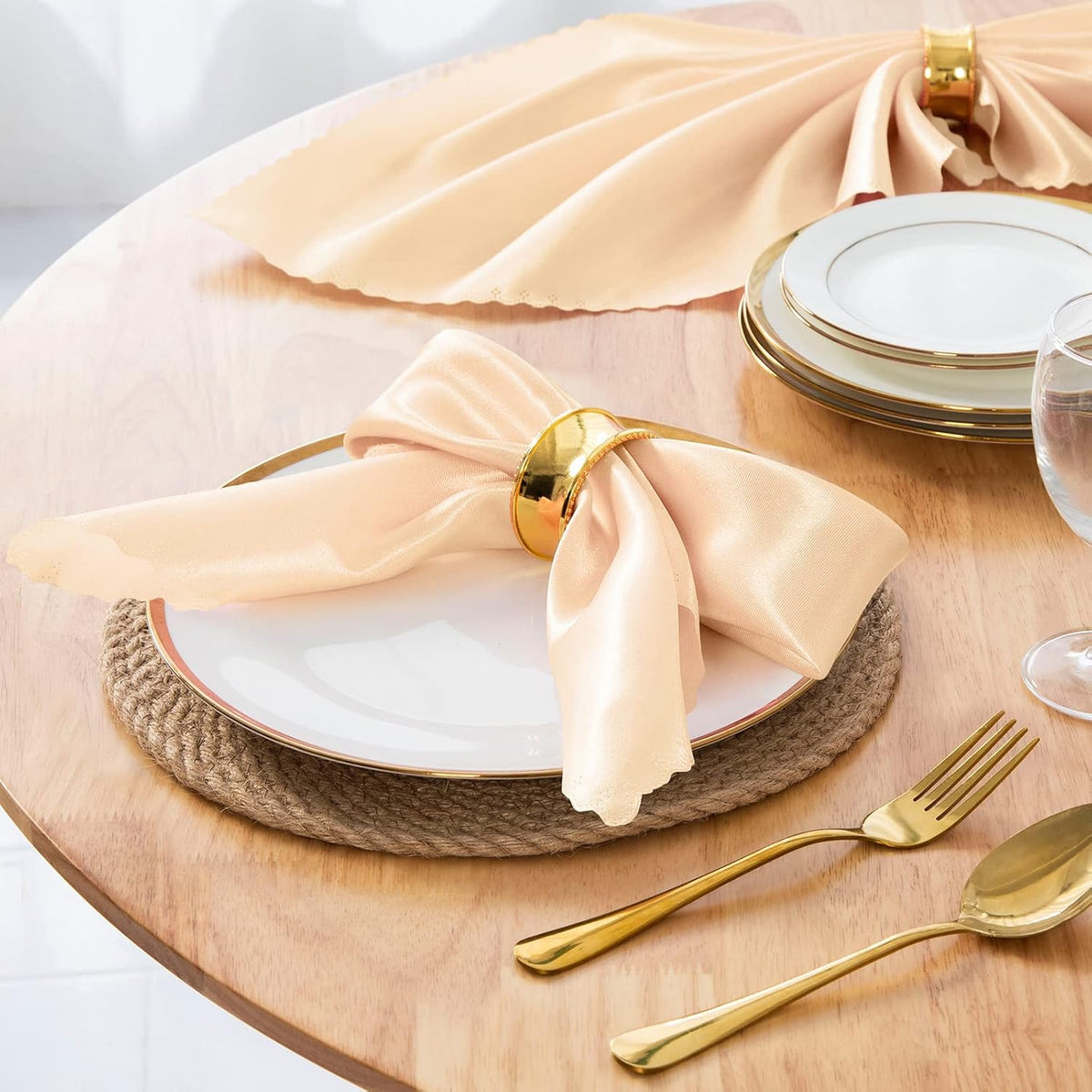 100 Pack Satin Napkins 20" x 20" with Floral Edges, Peach