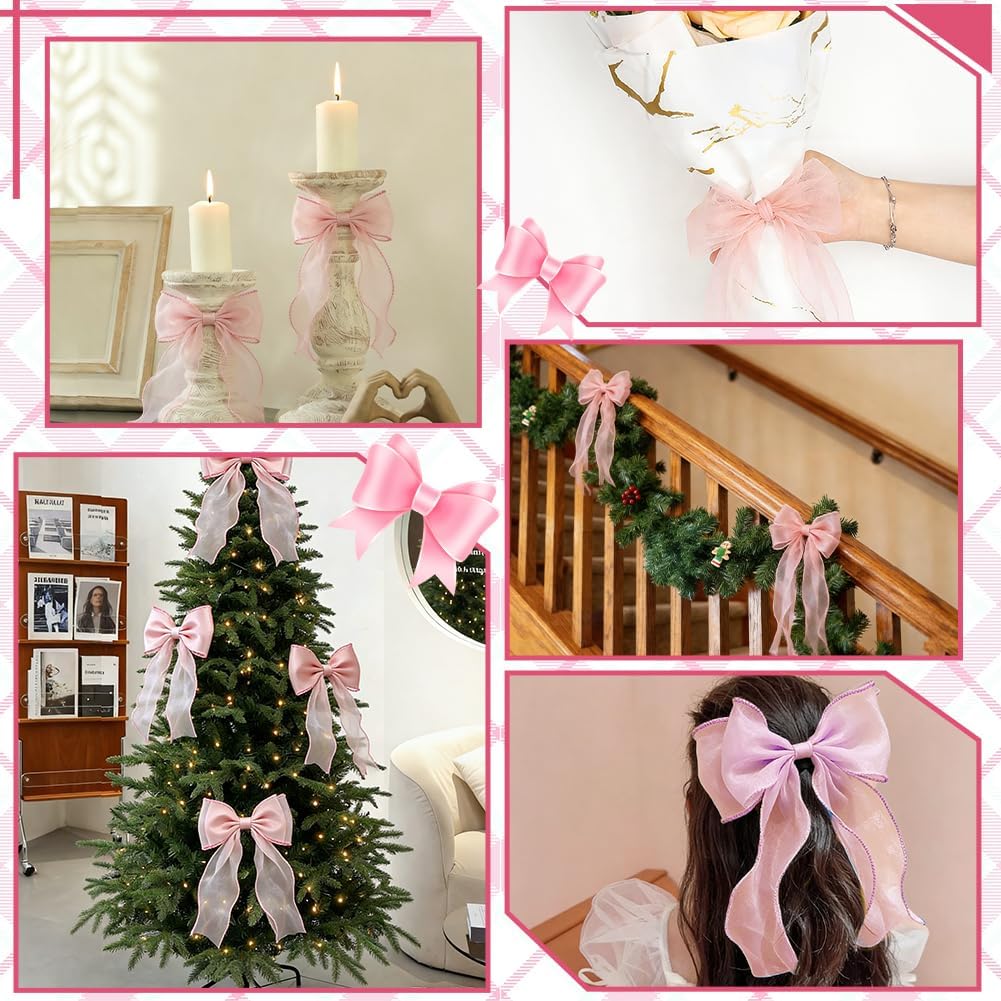 2pcs Bow Curtain Tiebacks French Silky Curtain Holdbacks Elegant Lace Ribbon Tie Backs No Drill for Home Bedroom Offices Dining Rooms Decoration Rope Accessories (Pink)