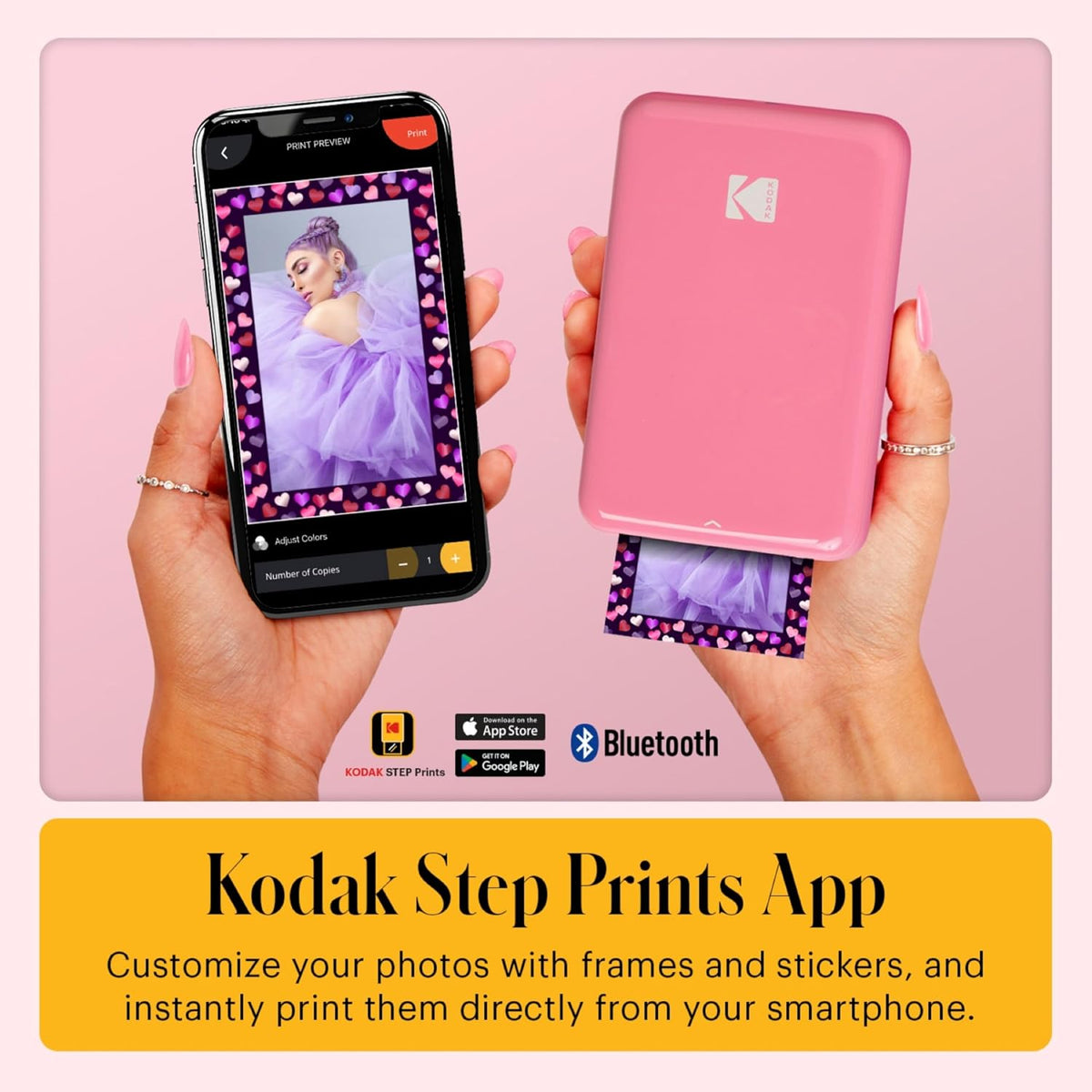 Step Instant Photo Printer with Bluetooth/NFC, Zink Technology & App for iOS & Android (Pink) Go Bundle