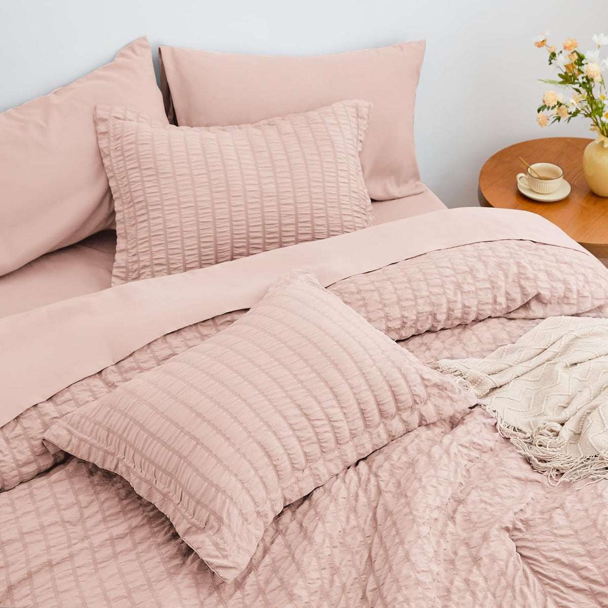 Seersucker Pink King Size Comforter Set