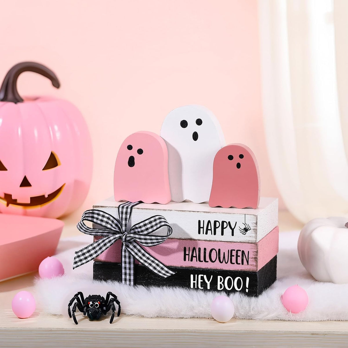 6 Pcs Halloween Table Decor Pastel Pink Ghost Wooden Sign