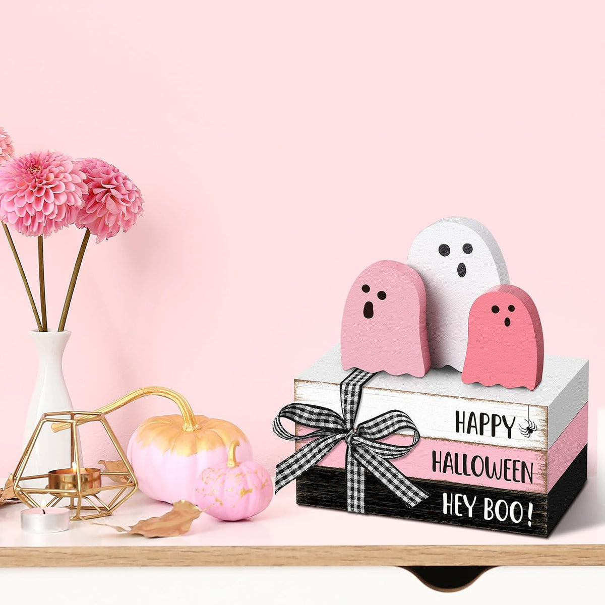 6 Pcs Halloween Table Decor Pastel Pink Ghost Wooden Sign